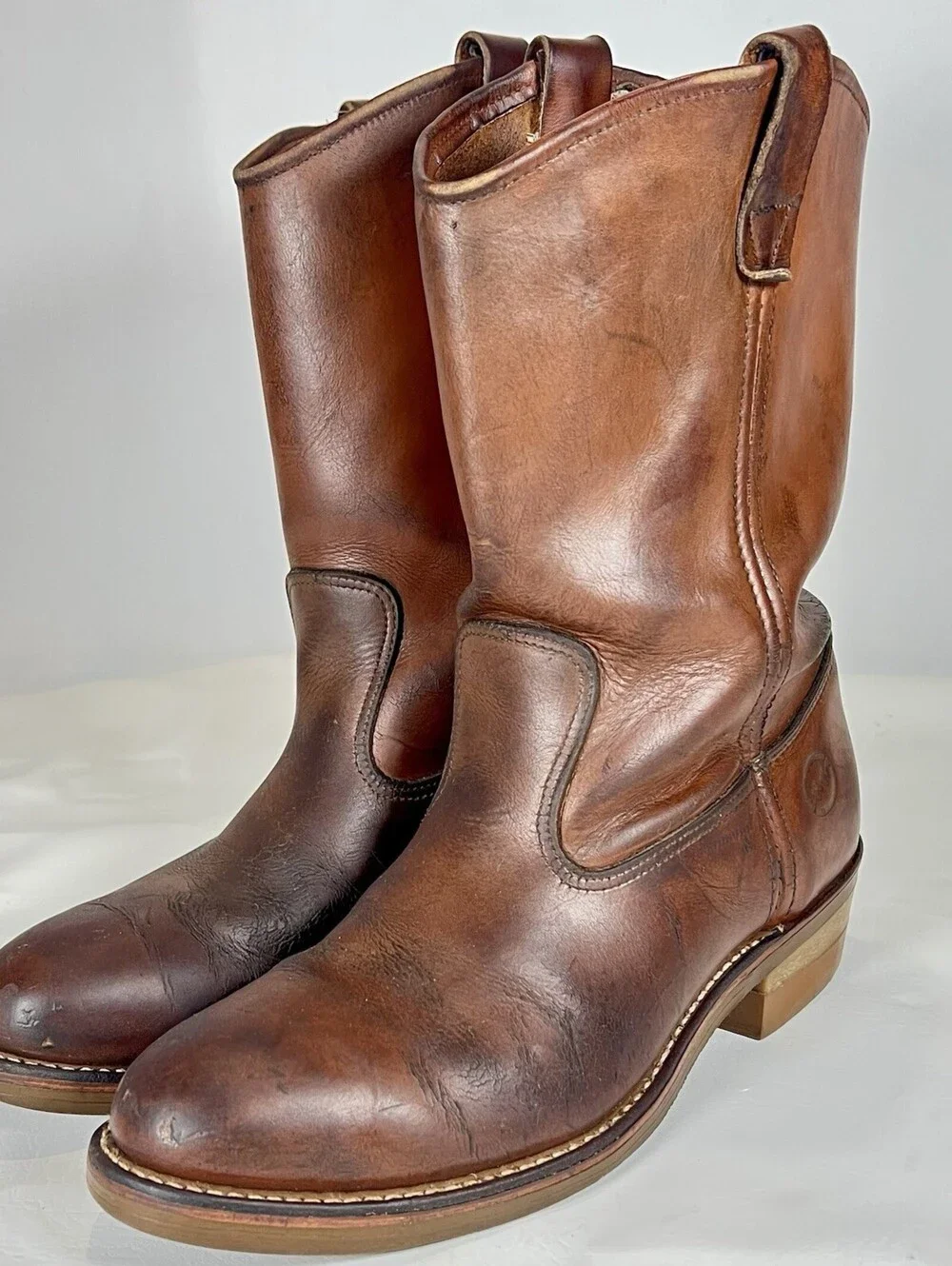 Vintage Double H Mens 9 D Brown Leather Pull On Western Work Boots USA Resoled